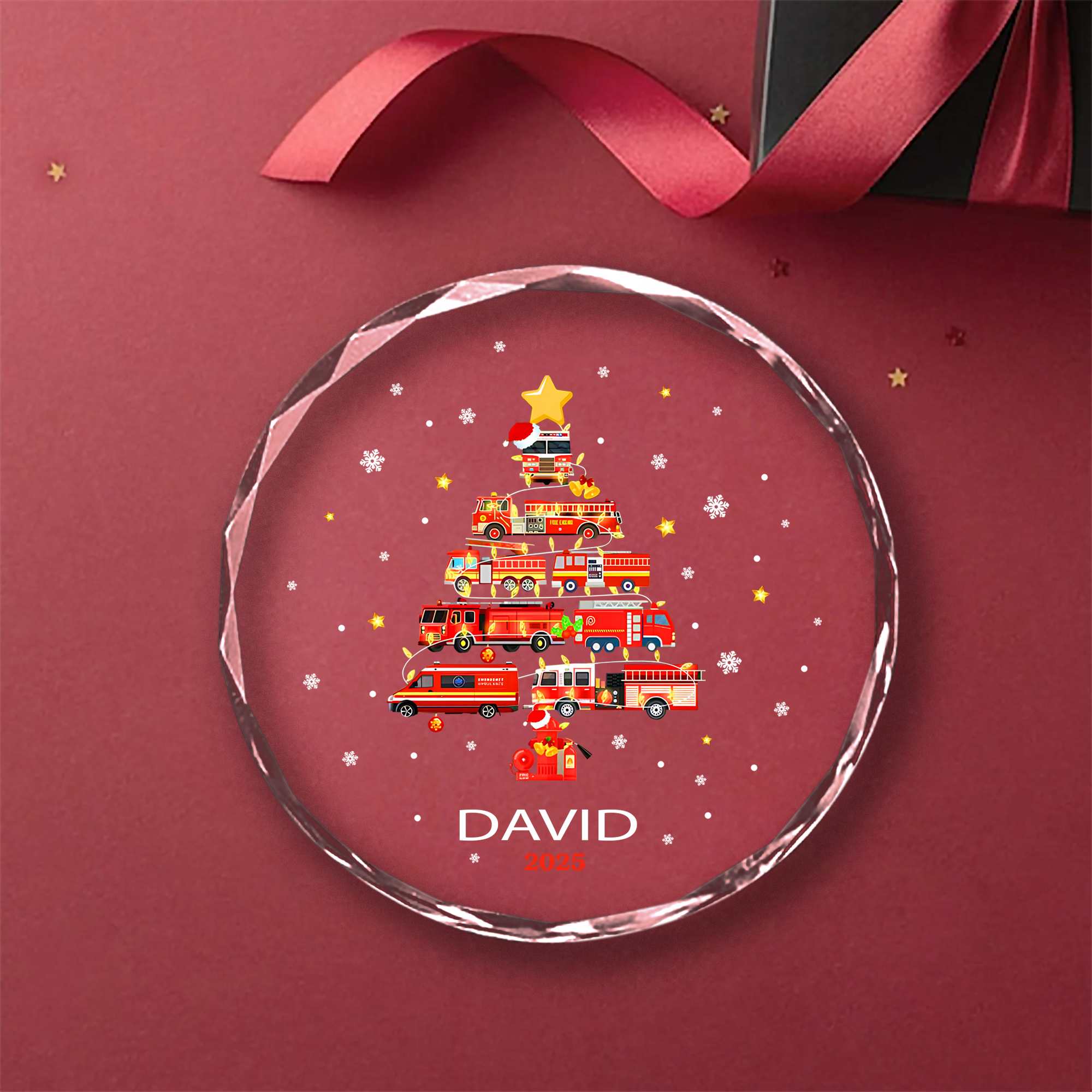 Fire Truck Crystal Circle Ornament –  Custom Name