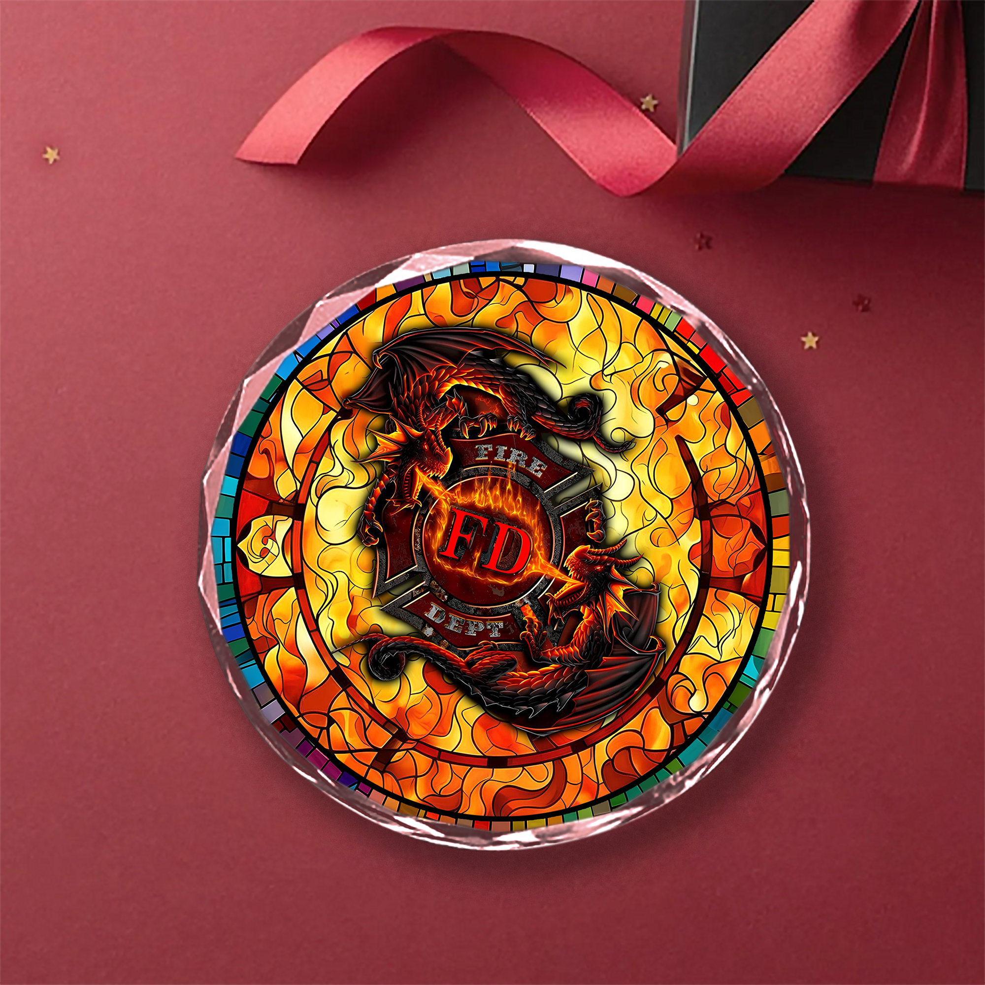 Ornement de Noël Dragon des pompiers - Croix de Malte des pompiers, prisme en cristal, Noël