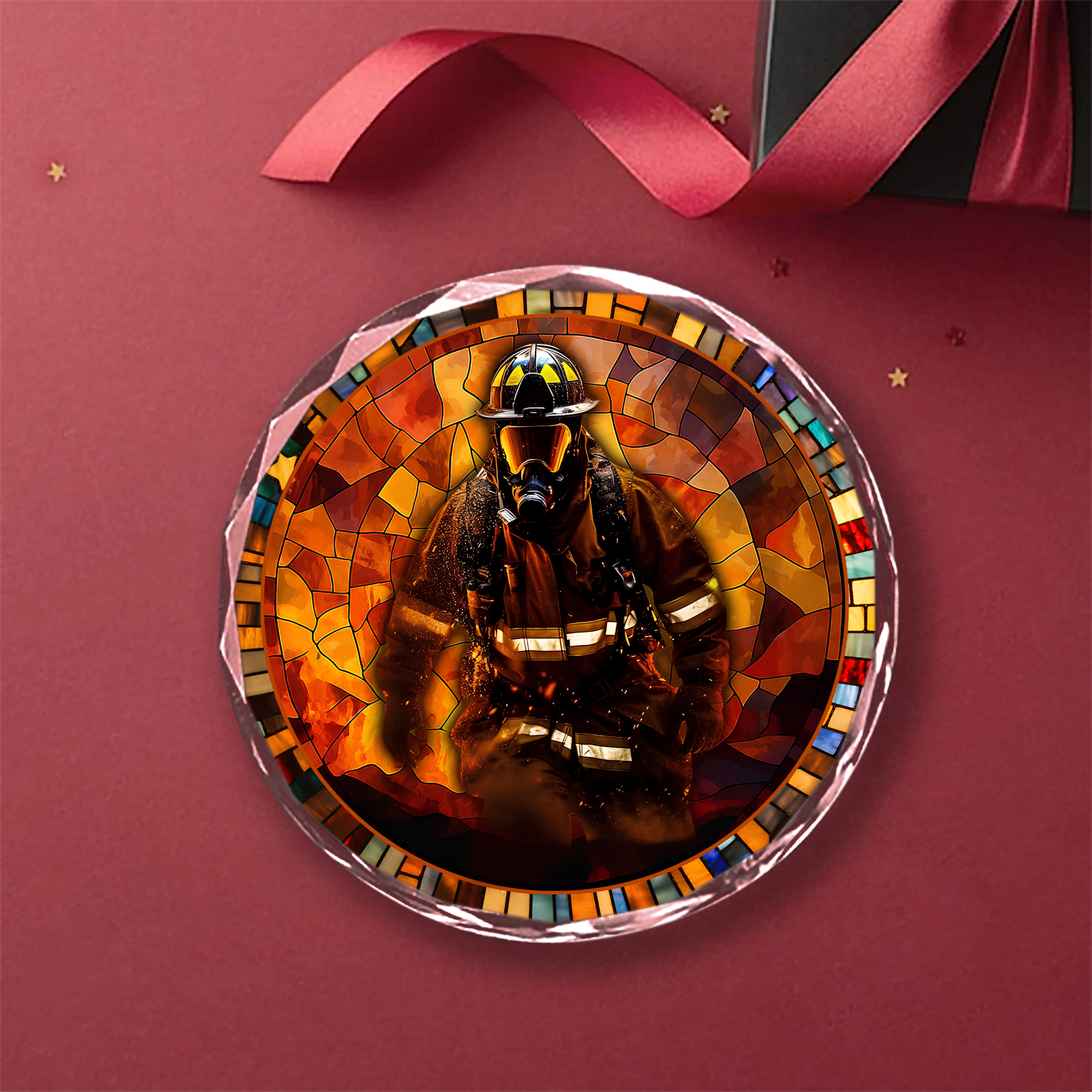 Firefighter Hero Ornament - In Action Stained Glass Crystal Glass Christmas