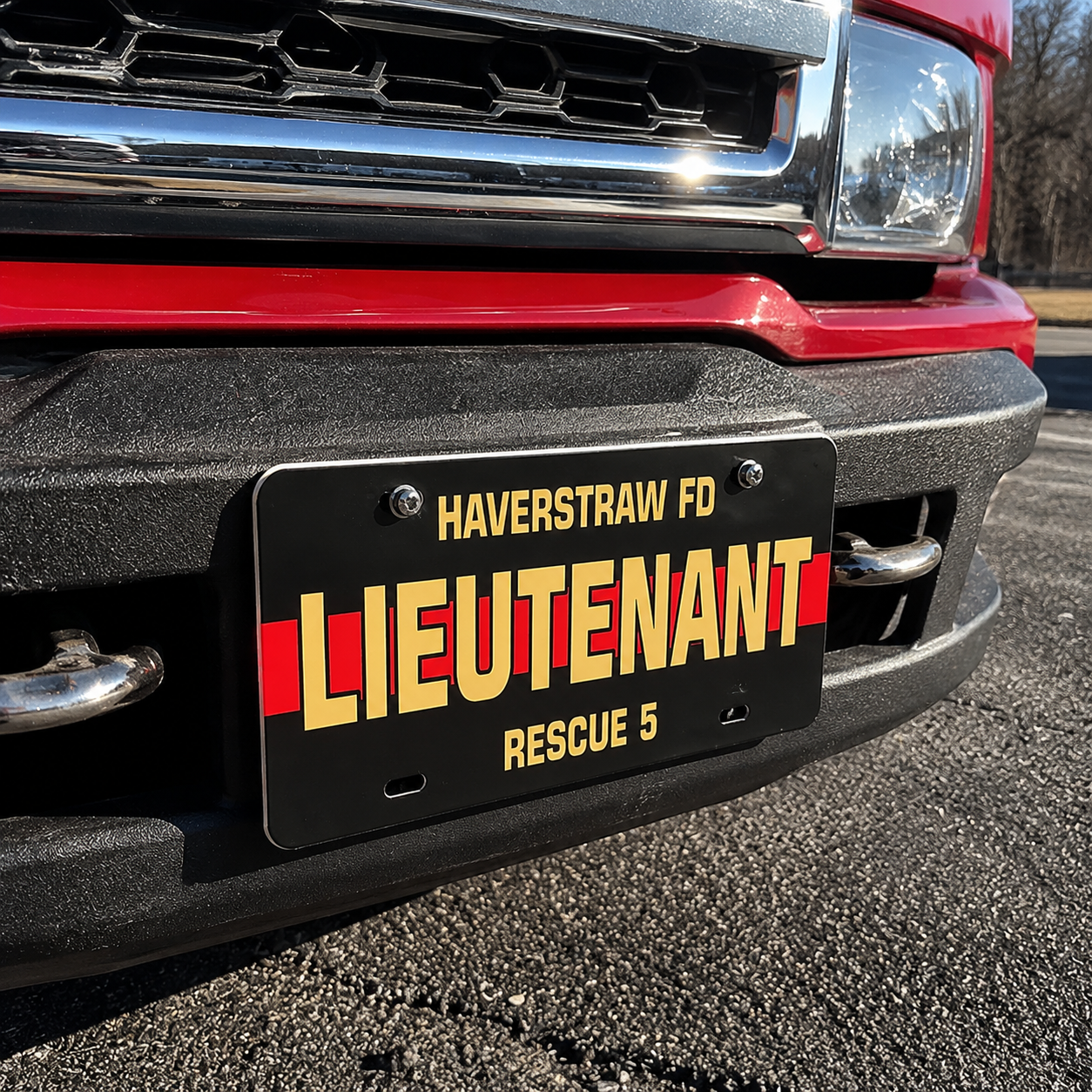 Custom thin red line firefighter plate displayed on truck, 6 x 12 inch aluminum novelty plate