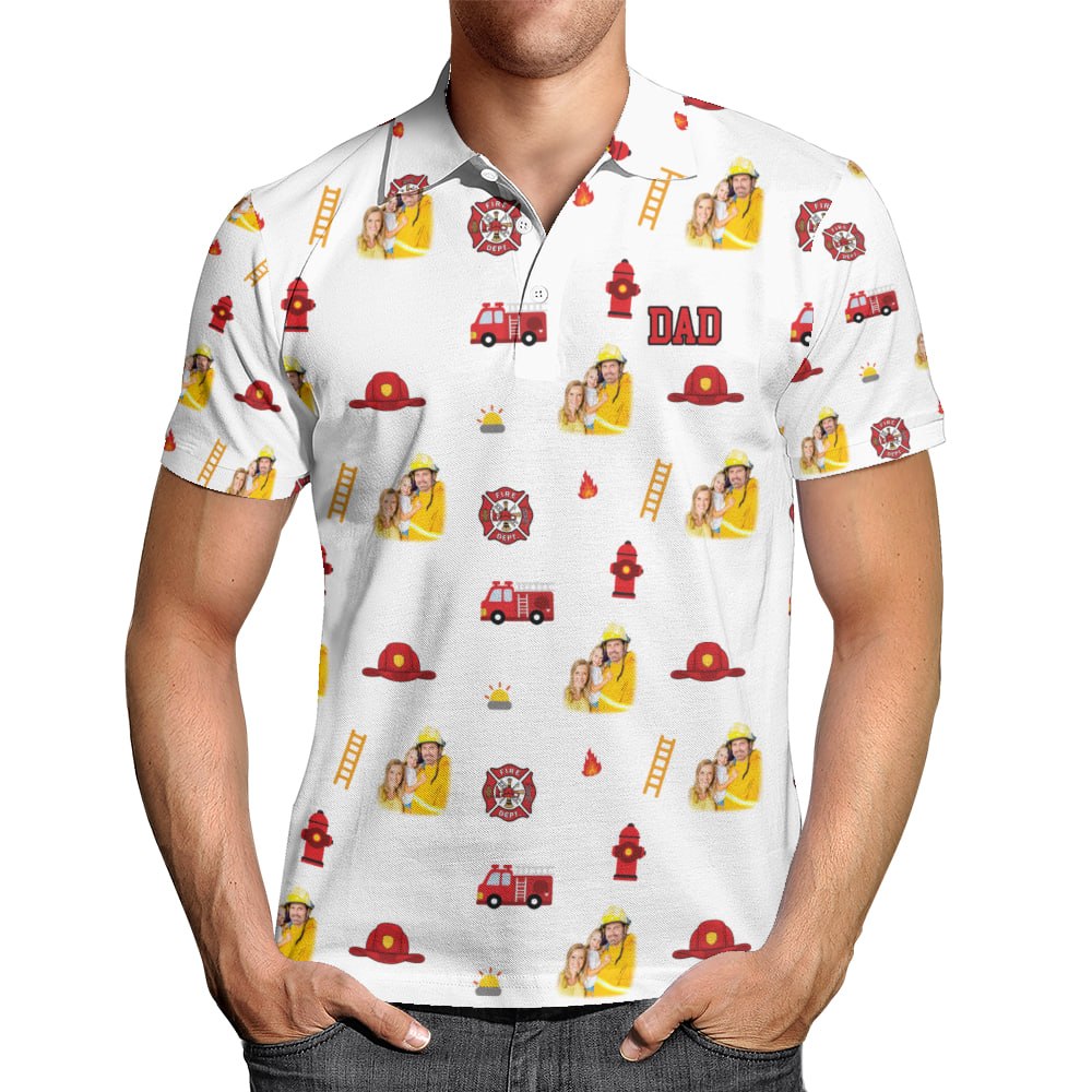 Custom Firefighter Dad Polo Shirt With Photo – Personalized Firefighter Family Gift For Dad